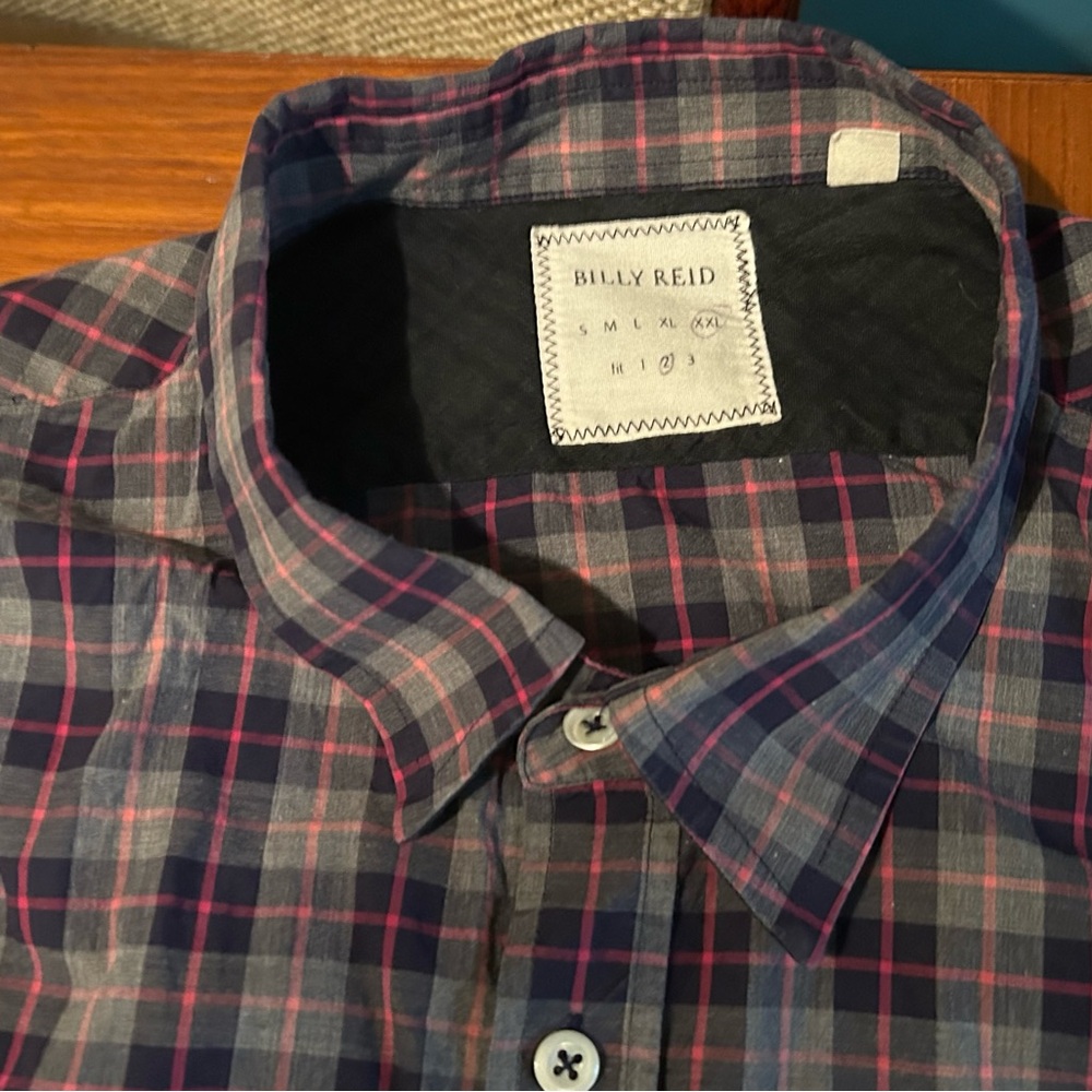 Billy Reid Men's XXL Navy and Pink Checkered Shirt
